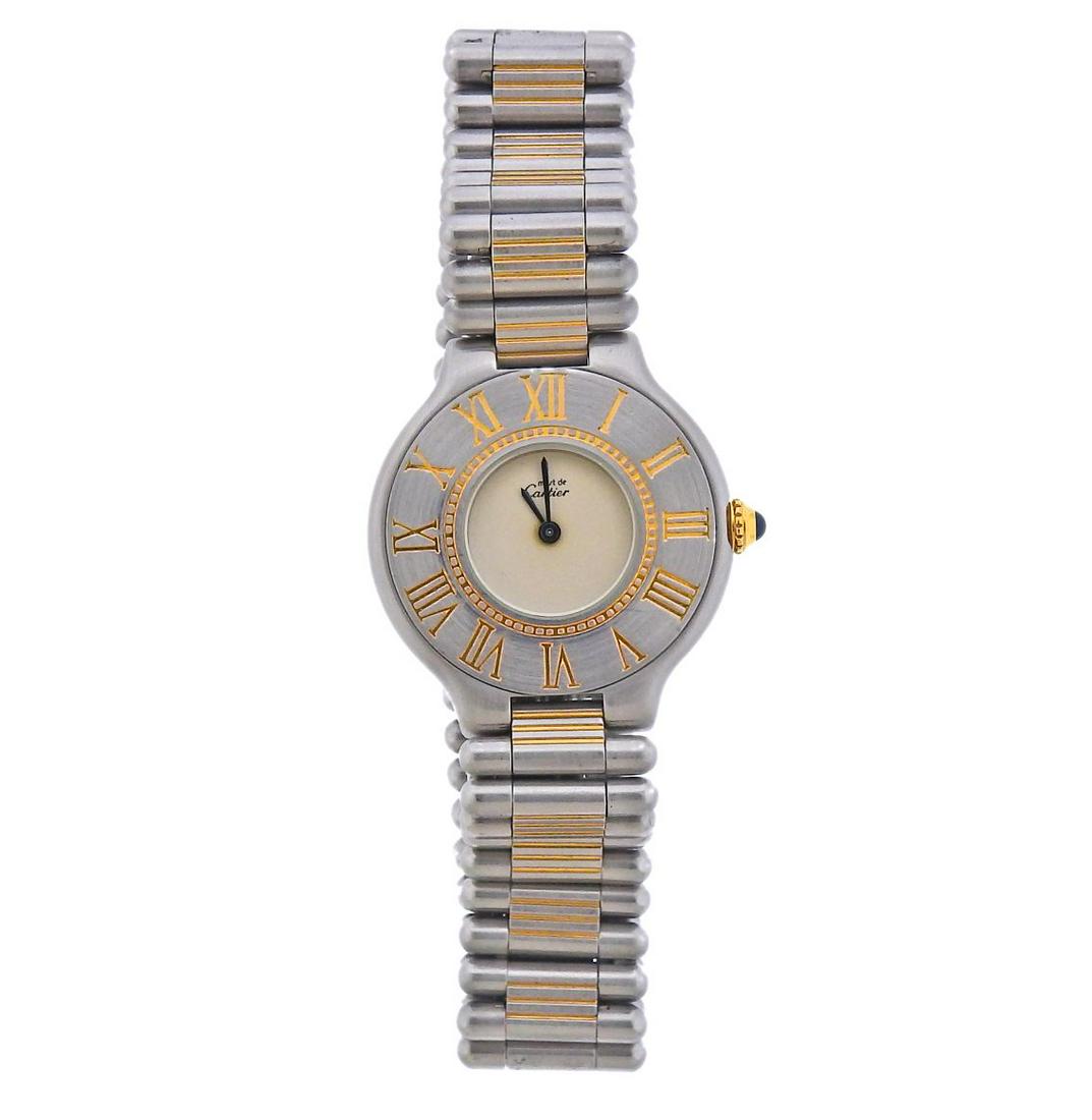 Cartier Le Must 21 18k Gold Steel Quartz Watch: 18k gold and stainless steel Le Must 21 Cartier watch. Case is 31mm in diameter, bracelet will fit approx. 6.75" wrist. Quartz movement - working order.