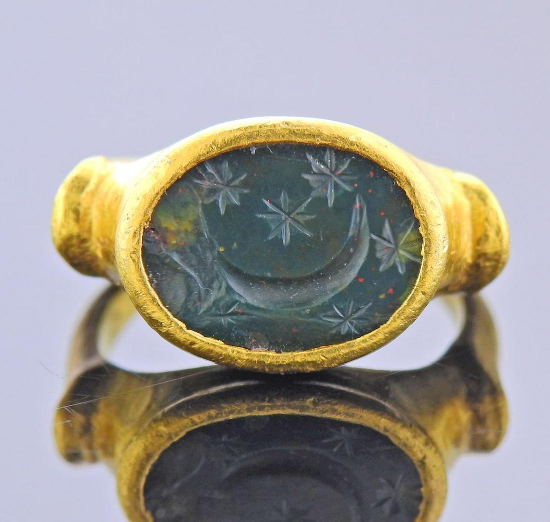 20k Gold Ring with Ancient Bloodstone Intaglio (1 of 6)