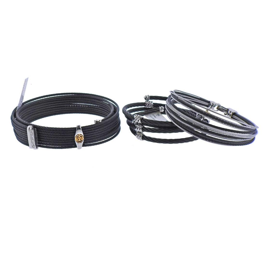 Charriol Alor 18k Gold Steel Wrap Bracelet 3pc: Lot of 3 Alor and Charriol black steel and 18k gold wrap bracelets. Will it approx. 6.5-7" wrists. All new with tags, retail $450, 450, $495. Marked Alor, Charriol, Steel 750. Weight - 80.1 grams.