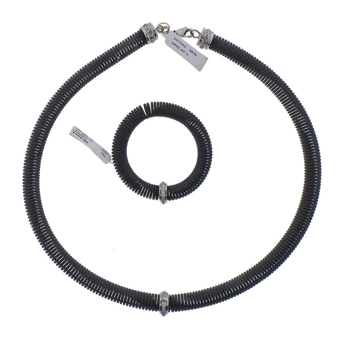 Alor 18k Gold Black Steel Diamond Spring Necklace: Set of Alor spring design necklace and bracelet, in black steel and 18k gold, decorated with diamonds. Necklace is 19" long, flexible design. Bracelet is stretchy, no clasp/opening,. Width 10mm. New w