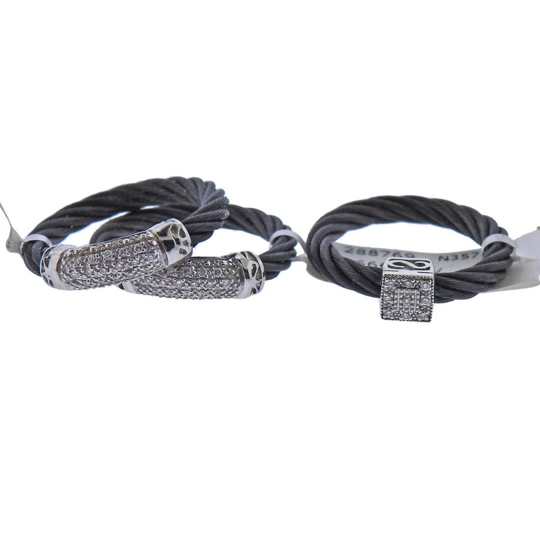 Charriol Alor 18k Gold Black Steel Stackable Ring 3pc: Lot of two Charriol and one Alor stackable rings, in black steel and 18k gold, with diamonds. Ring sizes - 5.5, 6, 5.25. All new with tags, retail $350, $595 and $595. Marked: cahrrio, A mark, 750, St