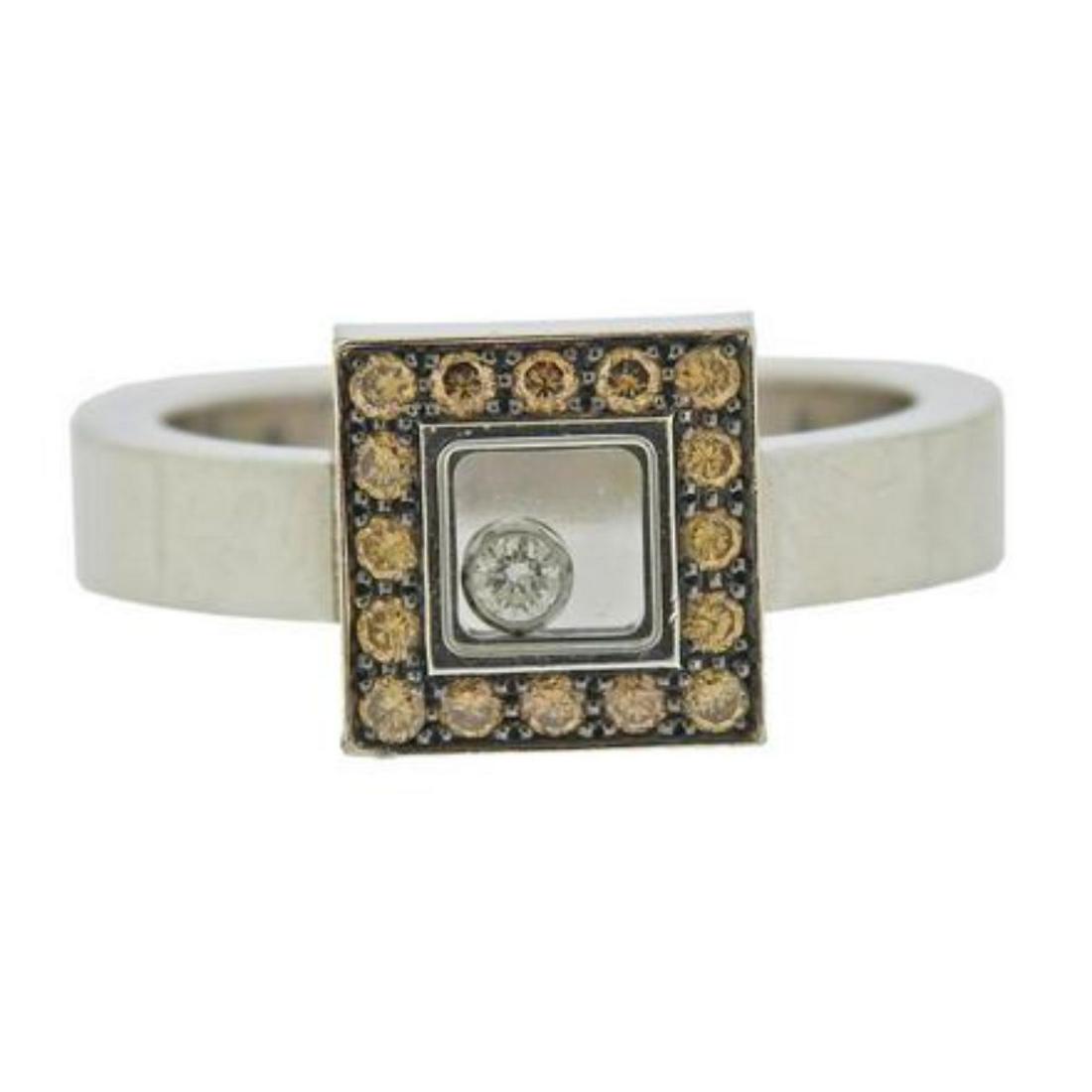 Chopard 18K Gold Happy Diamond Ring: Chopard 18k gold Happy Diamonds ring, with fancy brown diamonds approx. 0.32ctw, and one signature floating diamond - approx. 0.05ct. Ring size 7 3/4, top - 10.2mm x 10.2mm. Marked: Chopard, 750, 2764