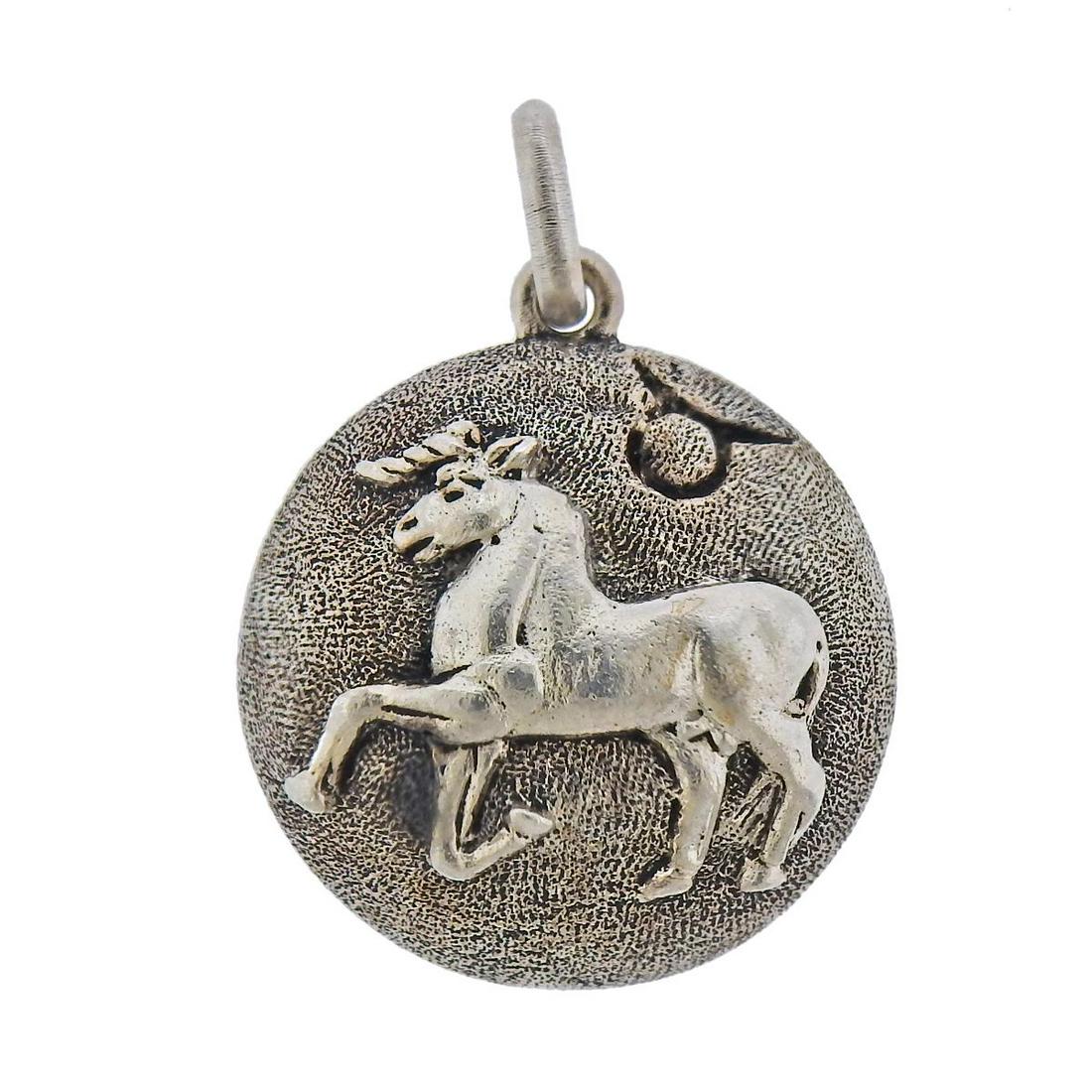Buccellati Silver Taurus Zodiac Sign Pendant: Sterling silver Buccellati zodiac pendant, depicting Taurus. Pendant is 22mm in diameter. Marked: Gianmaria Buccellati, 925, Italy. Comes with Buccellati paperwork. Weight - 9.1 grams.