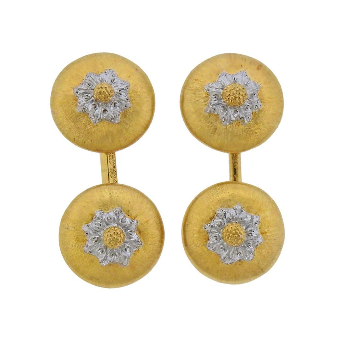 Buccellati 18k Gold Geminato Cufflinks: Pair of 18k white and yellow gold Geminato cufflinks by Buccellati. Top measures 14mm in diameter. Marked: Buccellati, Italy, 18k. Weight - 10.4 grams.
