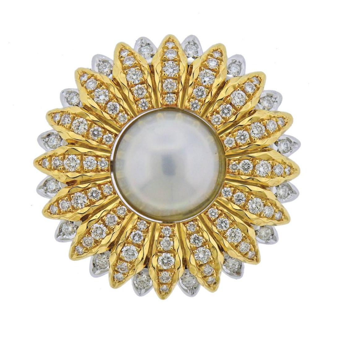 Buccellati 18k Gold Diamond South Sea Pearl Pendant: 18k Gold Two Tone Diamond South Sea Pearl Pendant crafted by Buccellati. Set with approx 1.9ctw diamonds and a South Sea pearl measuring 11mm in diameter. Pendant measures 28mm in diameter. Weight - 1