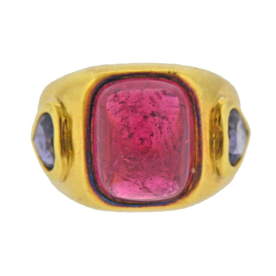 18k Gold Pink Tourmaline Iolite Ring: 18k gold ring, with pink tourmaline - 12mm x 10mm, and two heart shaped iolites. Ring size - 5.5, ring top - 15mm wide. Marked: 18k. Weight - 11.2 grams.