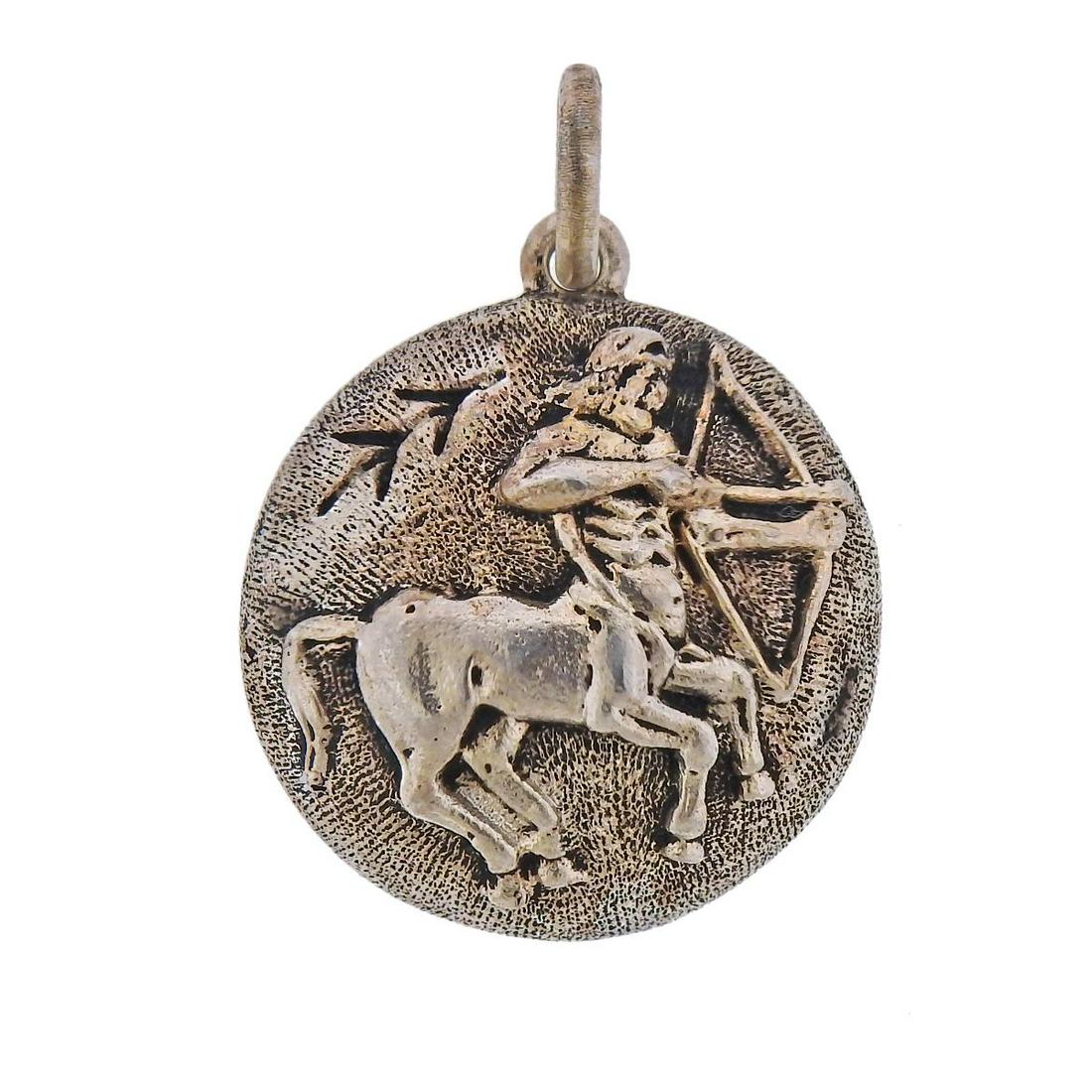 Buccellati Silver Sagittarius Zodiac Sign Pendant: Sterling silver Sagittarius zodiac sign pendant by Buccellati. Comes with Buccellati paperwork. Measures 22mm in diameter. Marked: Gianmaria Buccellati, 925, Italy. Weight - 10.3 grams.