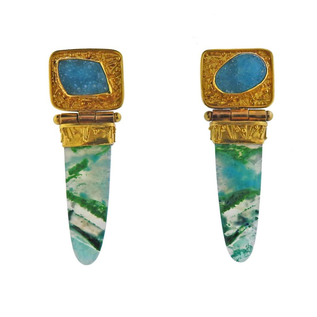 Yellow Gold Druzy Gemstone Drop Earrings: Pair of 14k 18k and 22k gold drop earrings with blue and druzy gemstones. Earrings are 55mm x 20mm. Marked: 22k, 18k, 14k. Weight - 26.1 grams.