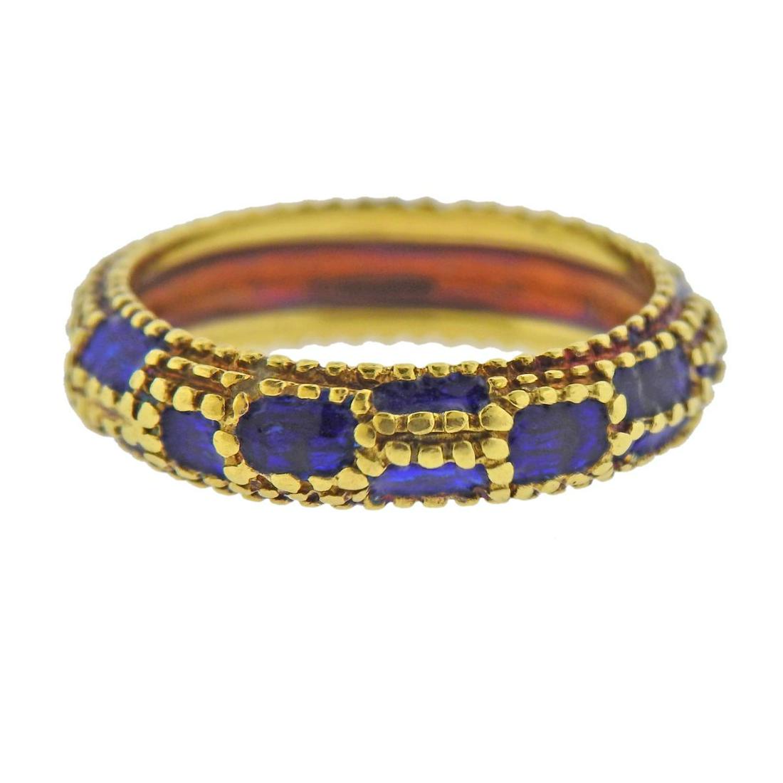 Cartier 18k Gold Blue Enamel Band Ring: 18k gold band ring by Cartier, with blue enamel. Ring size - 5.25, ring is 4.8mm wide. Marked: Cartier, 18k, 37373. Weight - 4.1 grams.