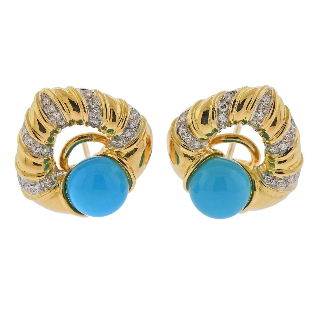 Antonini 18k Gold Diamond Turquoise Earrings: 18k yellow gold earrings crafted by Antonini, set with 0.42ctw in diamonds and turquoise. Earrings measure 20mm x 20mm. Weight - 19 grams. Marked - Italy, 750, Antonini