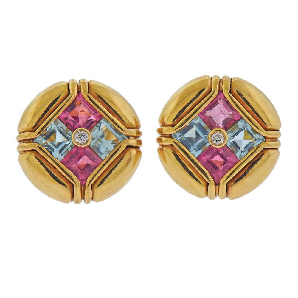 Bvlgari Bulgari 18k Gold Diamond Tourmaline Topaz: Pair of 18k gold circle earrings by Bvlgari, set with center diamond, blue topaz and pink tourmaline. Earrings are 13mm in diameter. Marked: Bvlgari, 750, Italian mark. Weight - 8.4 grams.