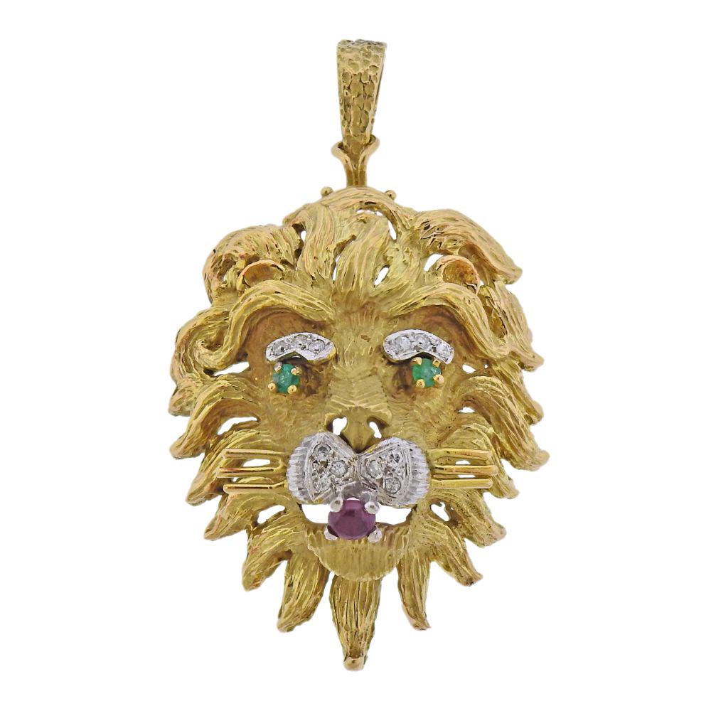 18k Gold Emerald Ruby Diamond Lion Head Pendant Brooch (1 of 3)