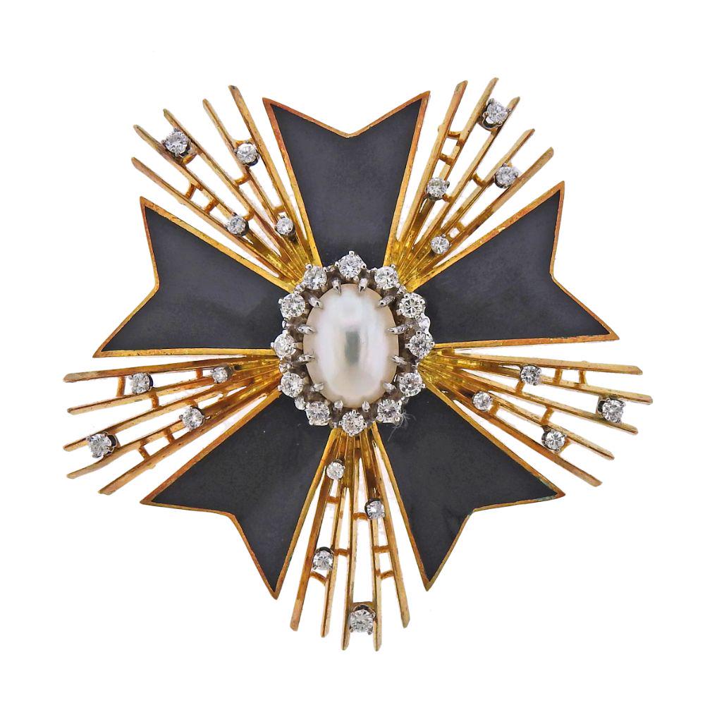 18k Gold Diamond Pearl Enamel Large Pendant Brooch: Large 18k gold pendant brooch, adorned with black enamel, center 13mm x 10mm pearl, and approx. 1.10ctw in diamonds. Original patina is present. Brooch is 60mm x 65mm. Weight - 35 grams.