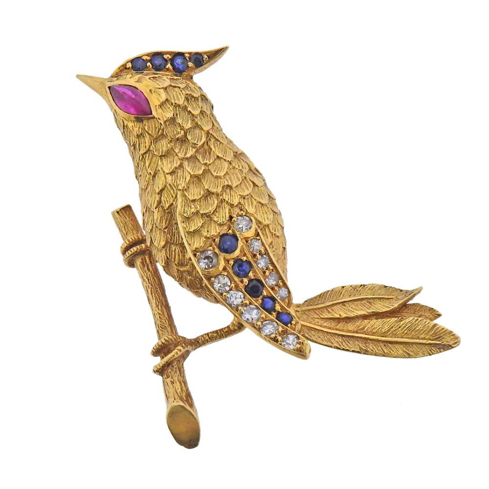 1960s 18k Gold Diamond Sapphire Ruby Bird Brooch Pin (1 of 3)