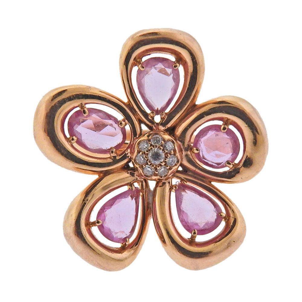 Roberto Coin 18K Gold Diamond Pink Sapphire Flower Ring (1 of 4)