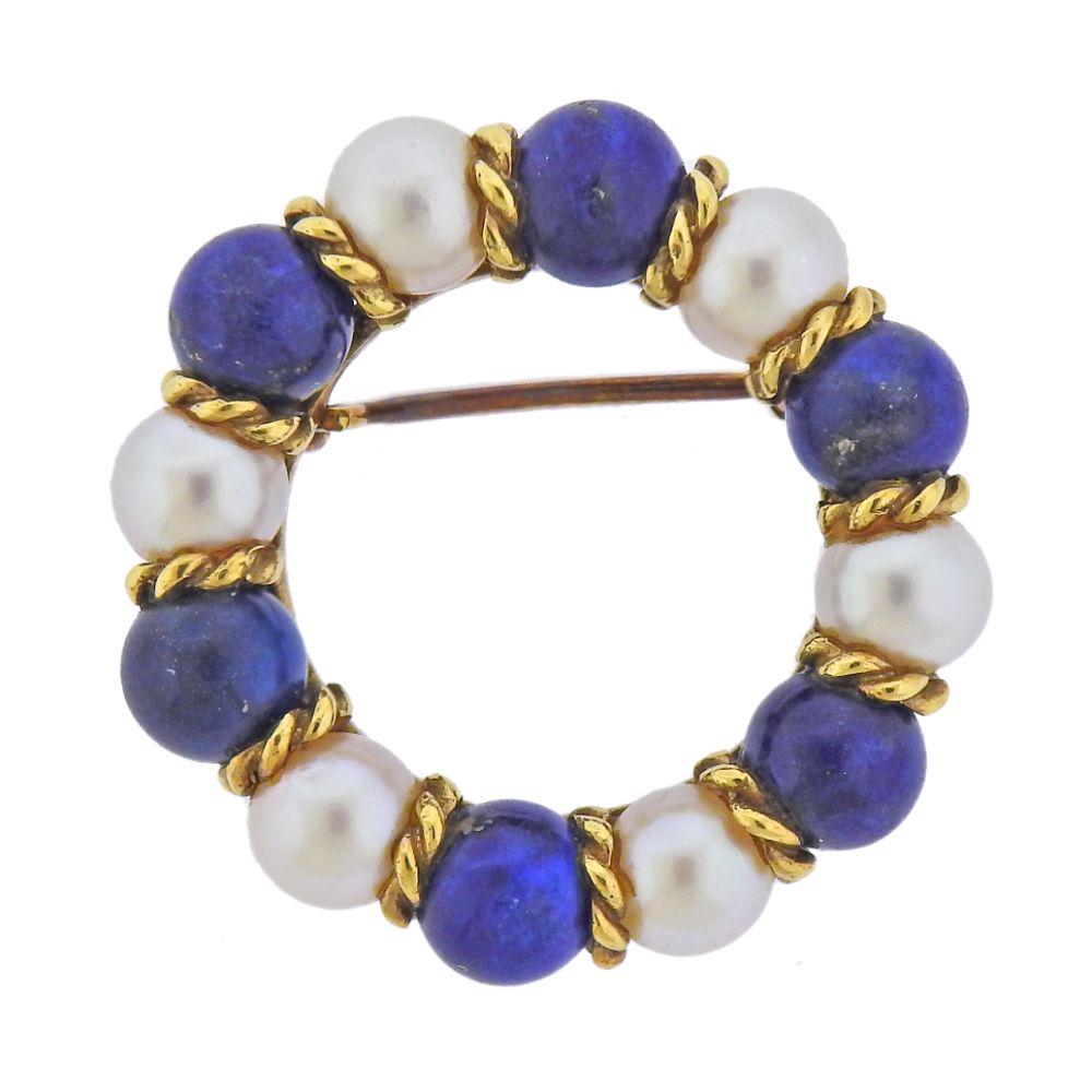 Vintage Tiffany & Co 14k Gold Lapis Pearl Brooch Pin (1 of 4)