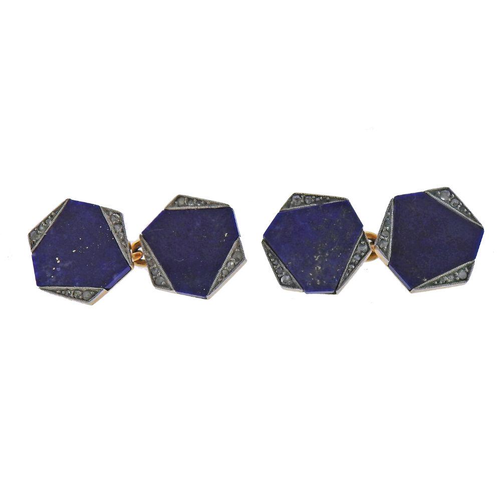 Art Deco 18k Gold Platinum Diamond Lapis Cufflinks (1 of 4)
