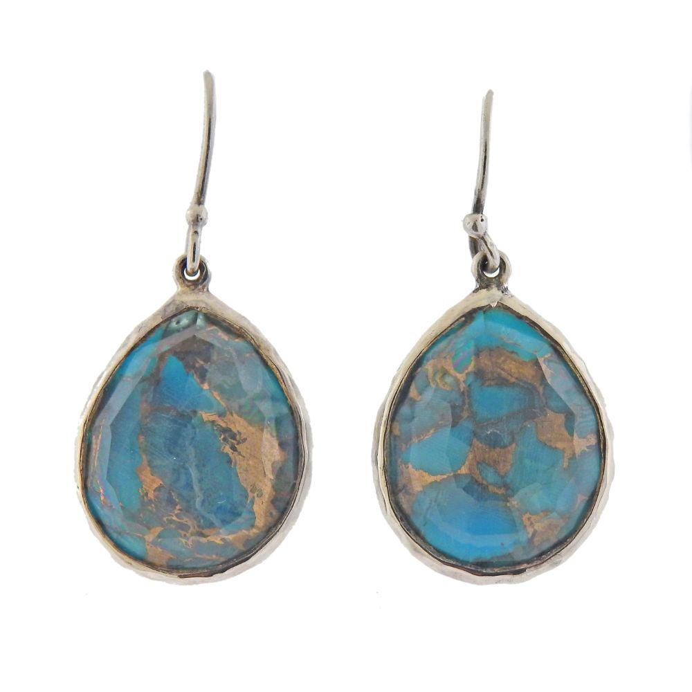 Ippolita Rock Candy Silver Turquoise Matrix Crystal: Pair of sterling silver Rock Candy earrings by Ippolita, with turquoise matrix under a faceted crystal top. Earrings are 33mm x 16mm. Marked: Ippolita 925. Weight - 5.2 grams.