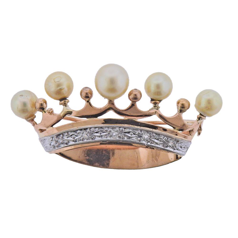 Antique 18k Gold Diamond Pearl Crown Brooch (1 of 3)