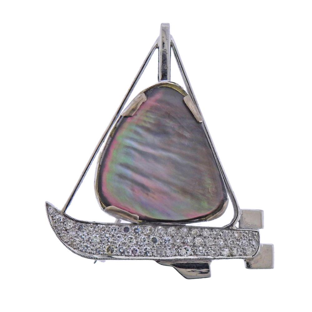 18k Gold Diamond Abalone Sailing Boat Brooch  Pin (1 of 3)
