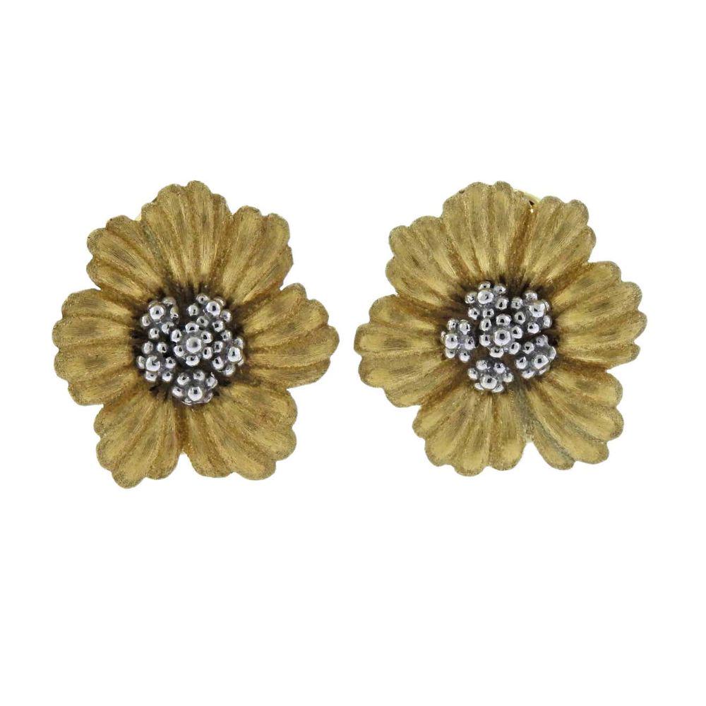 Buccellati Blossoms Flower Gold Earrings: Pair of 18k yellow and white gold flower earrings, crafted by Buccellati. Earrings are 20mm x 18mm, weigh 10.5 grams. Marked: Buccellati, Italy, 18k, X4421.