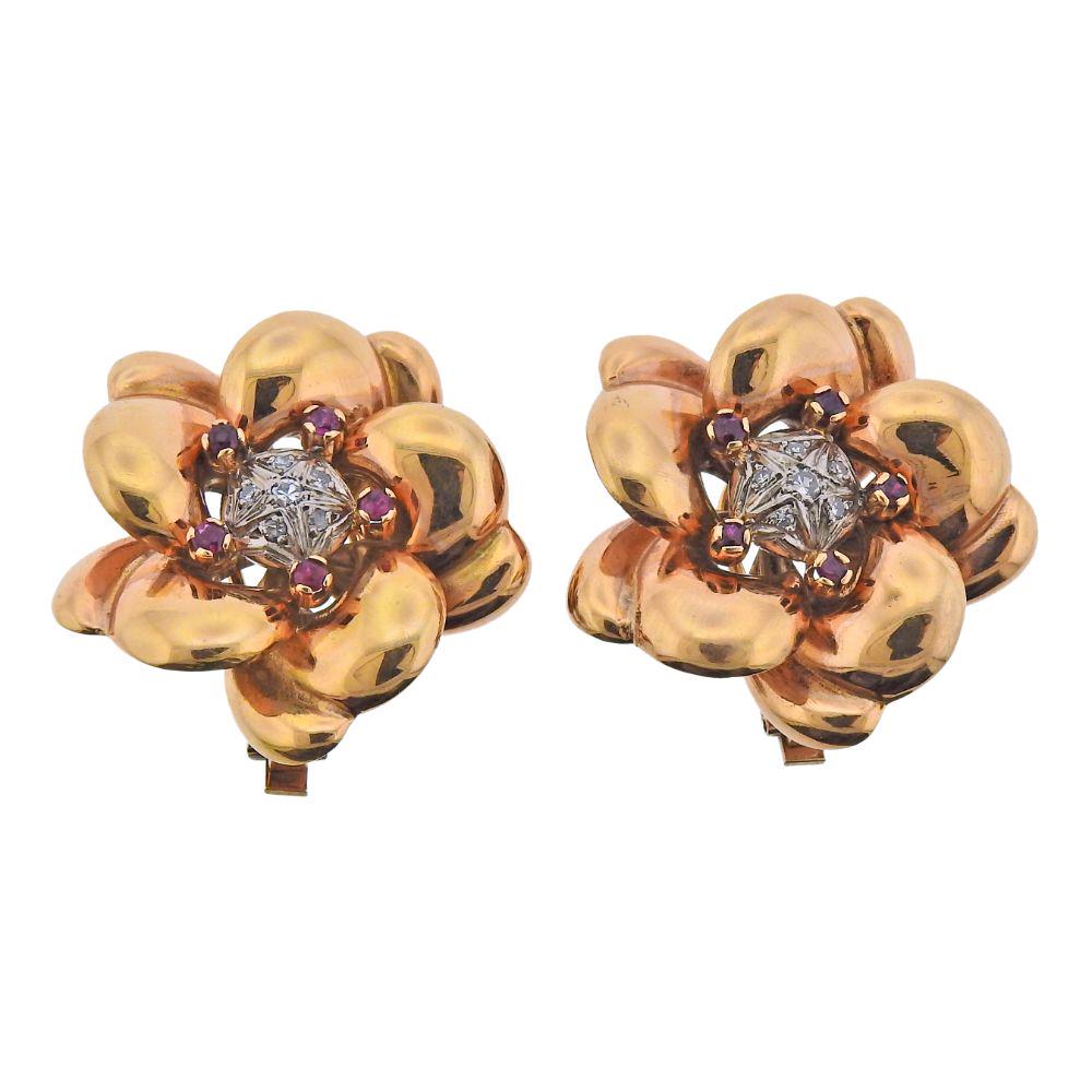 Retro 14k Rose Gold Diamond Ruby Flower Earrings (1 of 4)