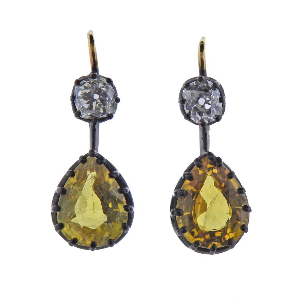 Antique Silver 14k Gold Diamond Citrine Earrings (1 of 4)