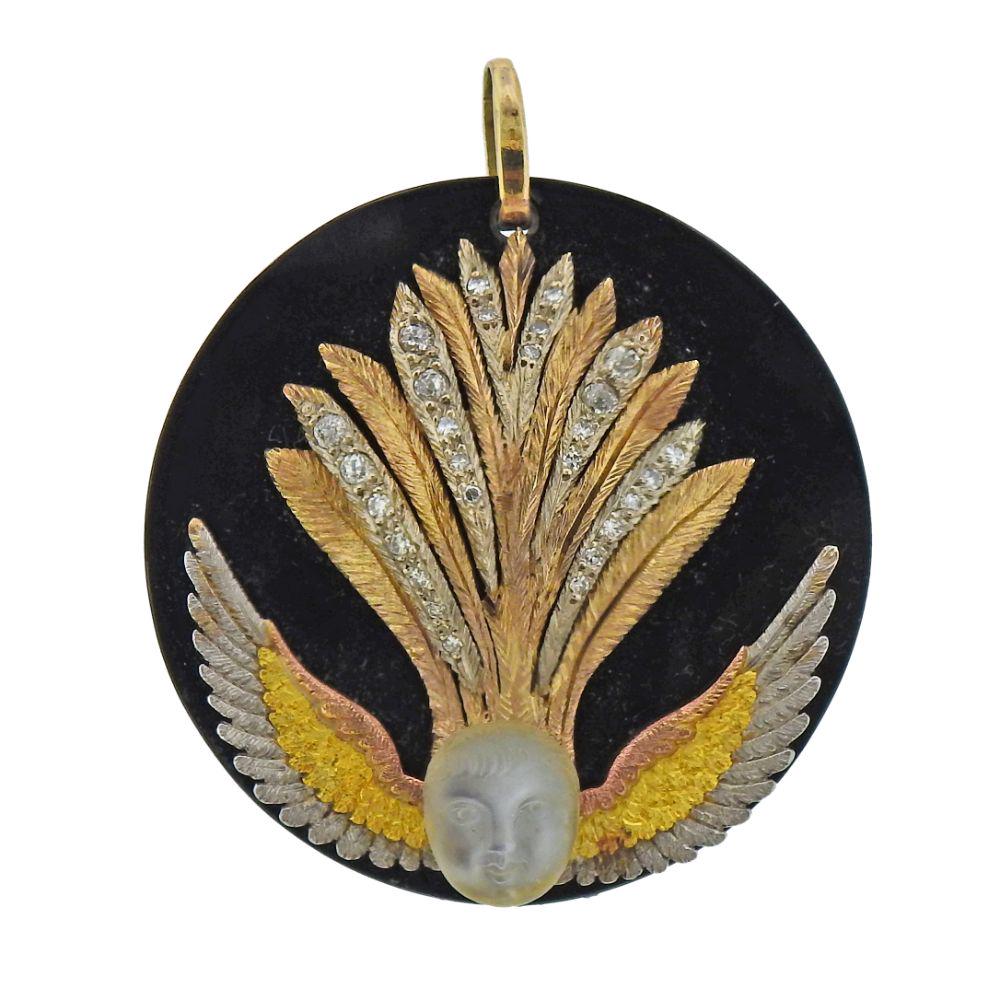 14k Gold Onyx Diamond Carved Moonstone Pendant (1 of 4)