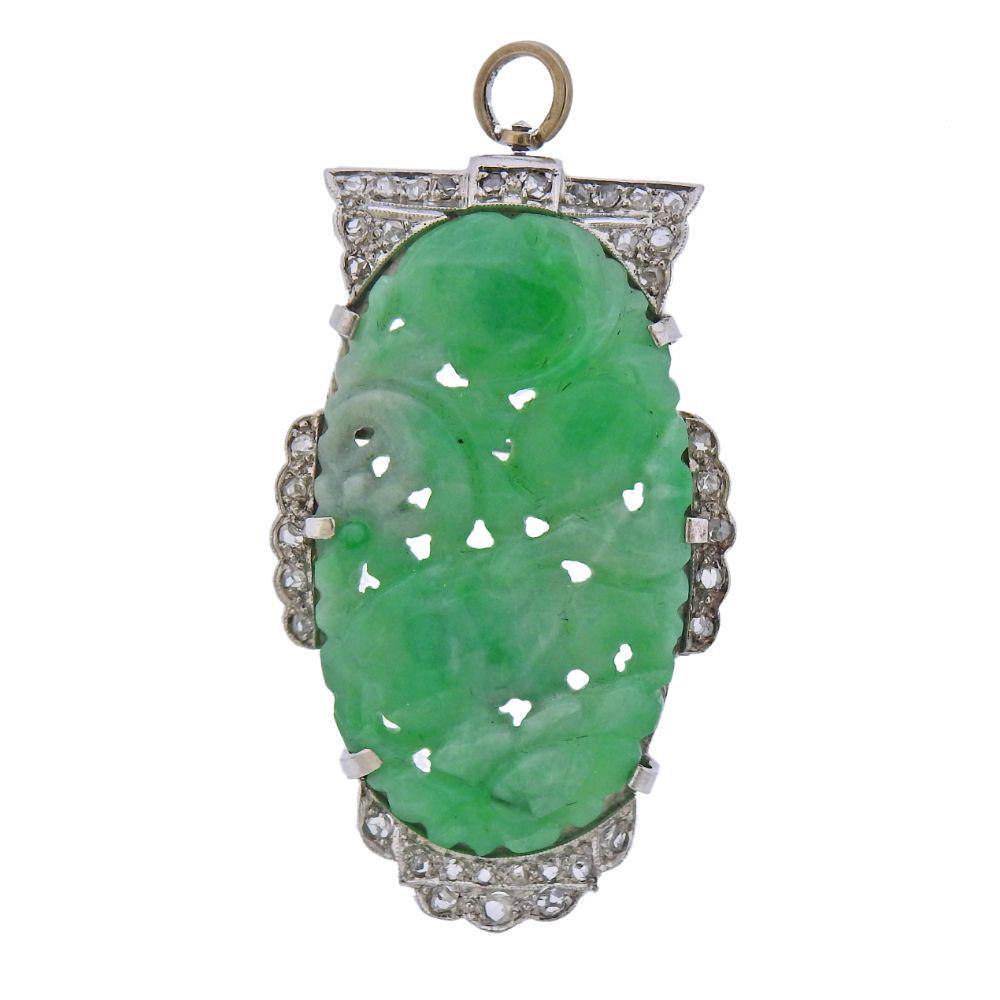 Art Deco Platinum Carved Jade Diamond Pendant Brooch (1 of 3)