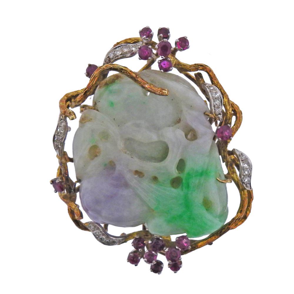 14k Gold Carved Jade Ruby Diamond Brooch Pendant (1 of 5)