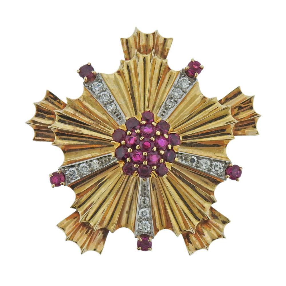 Tiffany & Co Retro 14k Gold Diamond Ruby Brooch (1 of 4)