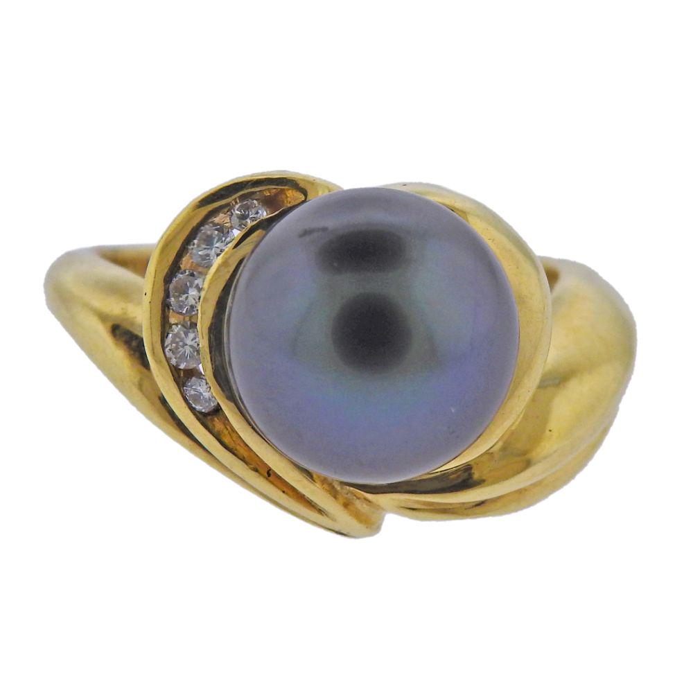 18k Gold Tahitian Pearl Diamond Ring: 18k gold ring, with 10mm Tahitian pearl and approx. 0.05ctw in diamonds. Ring size - 5, ring top - 13mm wide. Marked: 18k, S. Weight - 7.8 grams.