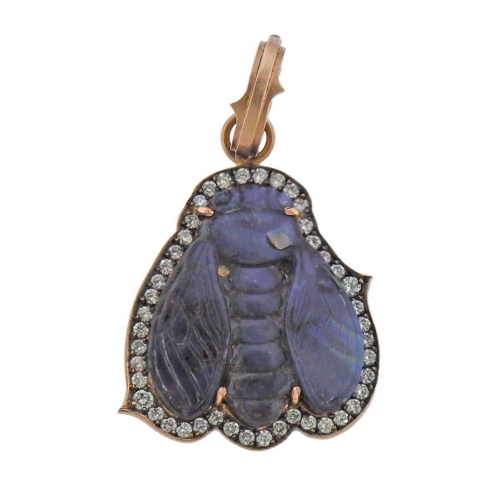 Sylva & Cie 14k Gold Diamond Carved Opal Insect Pendant (1 of 5)