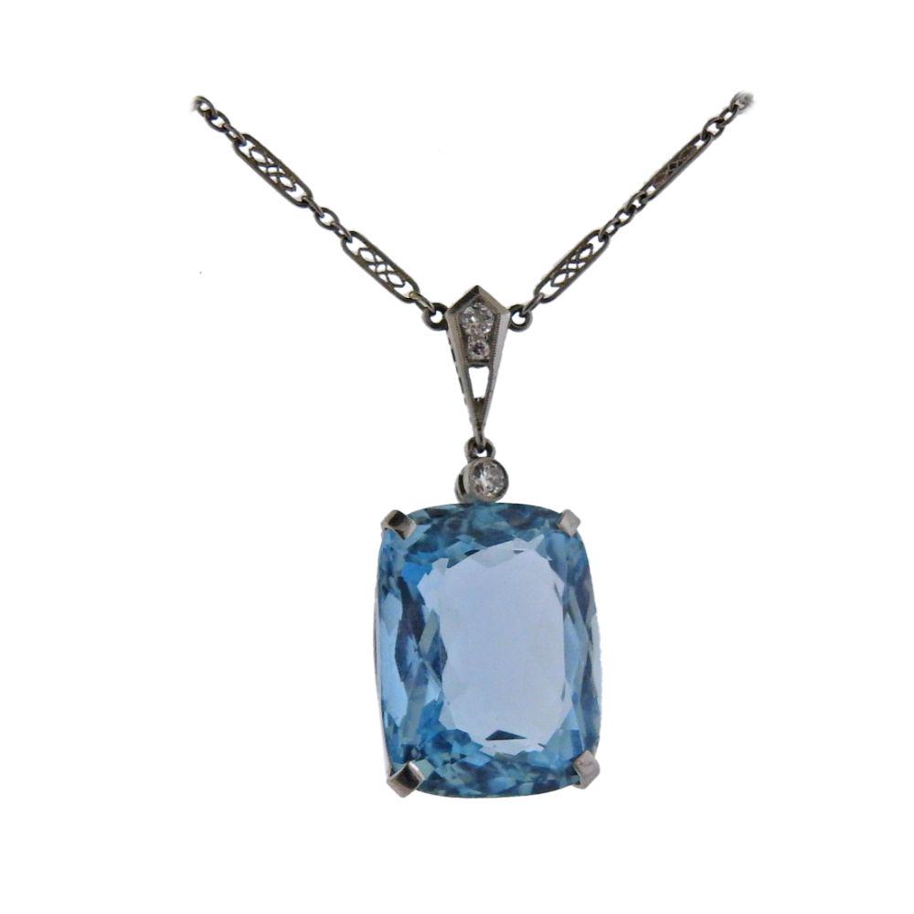 Art Deco Platinum Aquamarine Diamond Necklace (1 of 4)