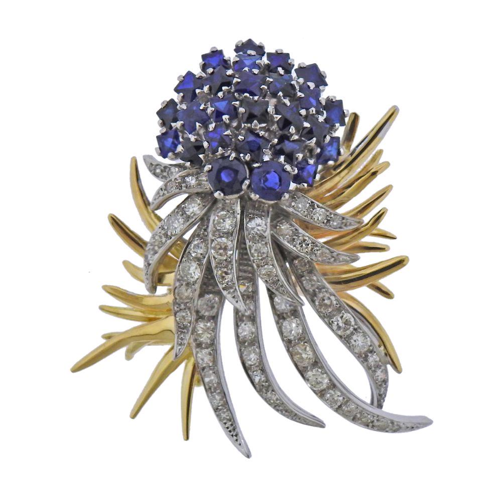 Vintage 18k Gold Diamond Sapphire Brooch Pin (1 of 4)
