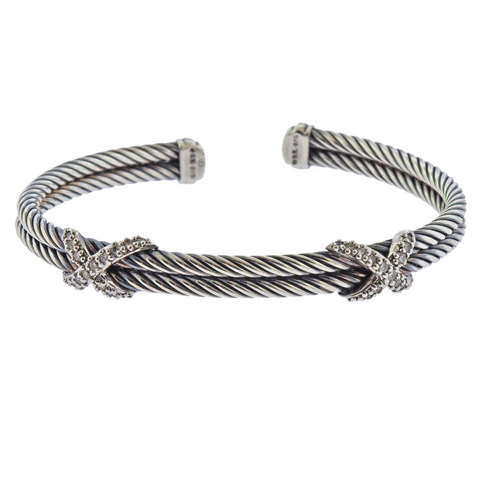 David Yurman Sterling Silver Diamond X Cuff Bracelet (1 of 4)