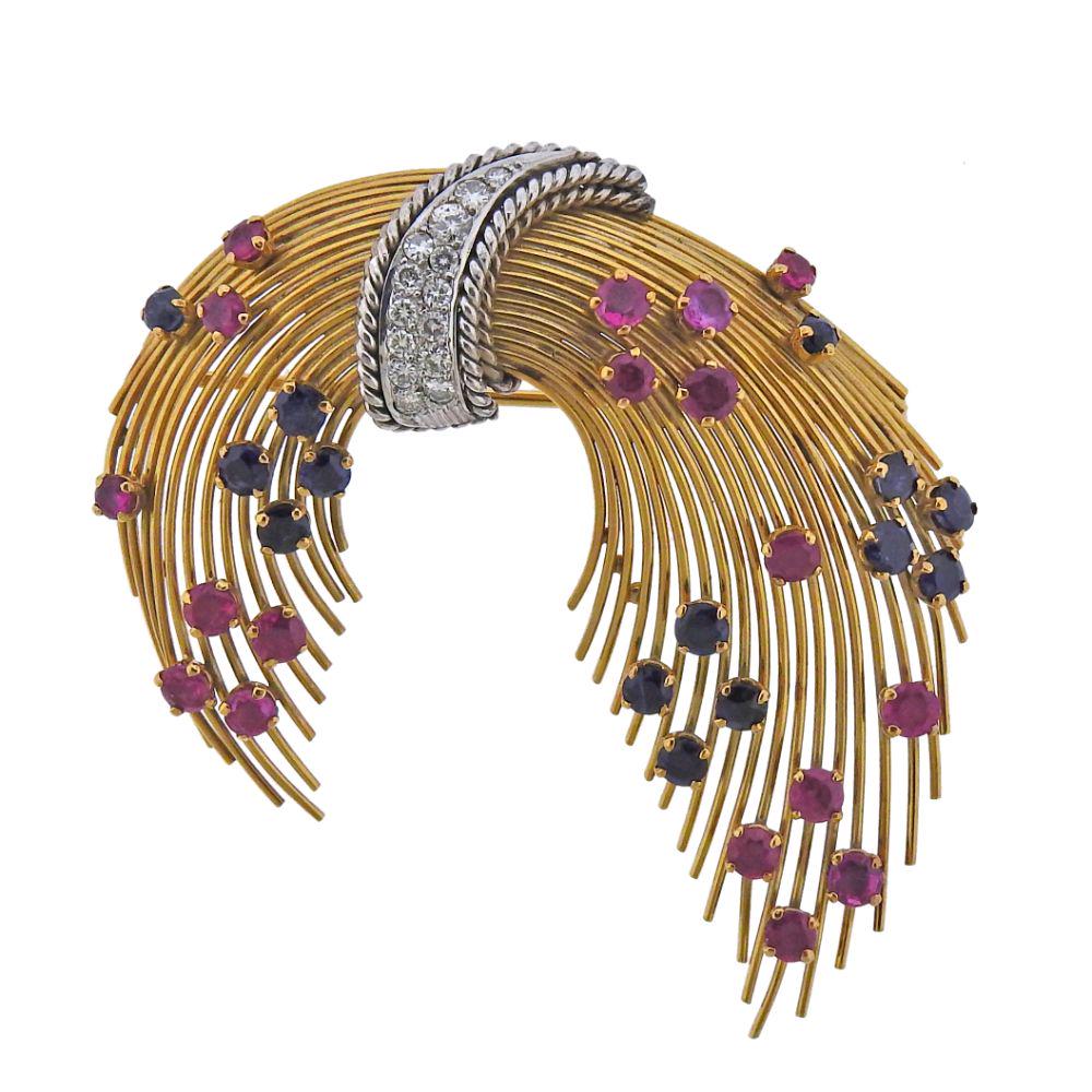 Mid Century 18K Two Tone Gold Diamond Gemstone Brooch (1 of 4)