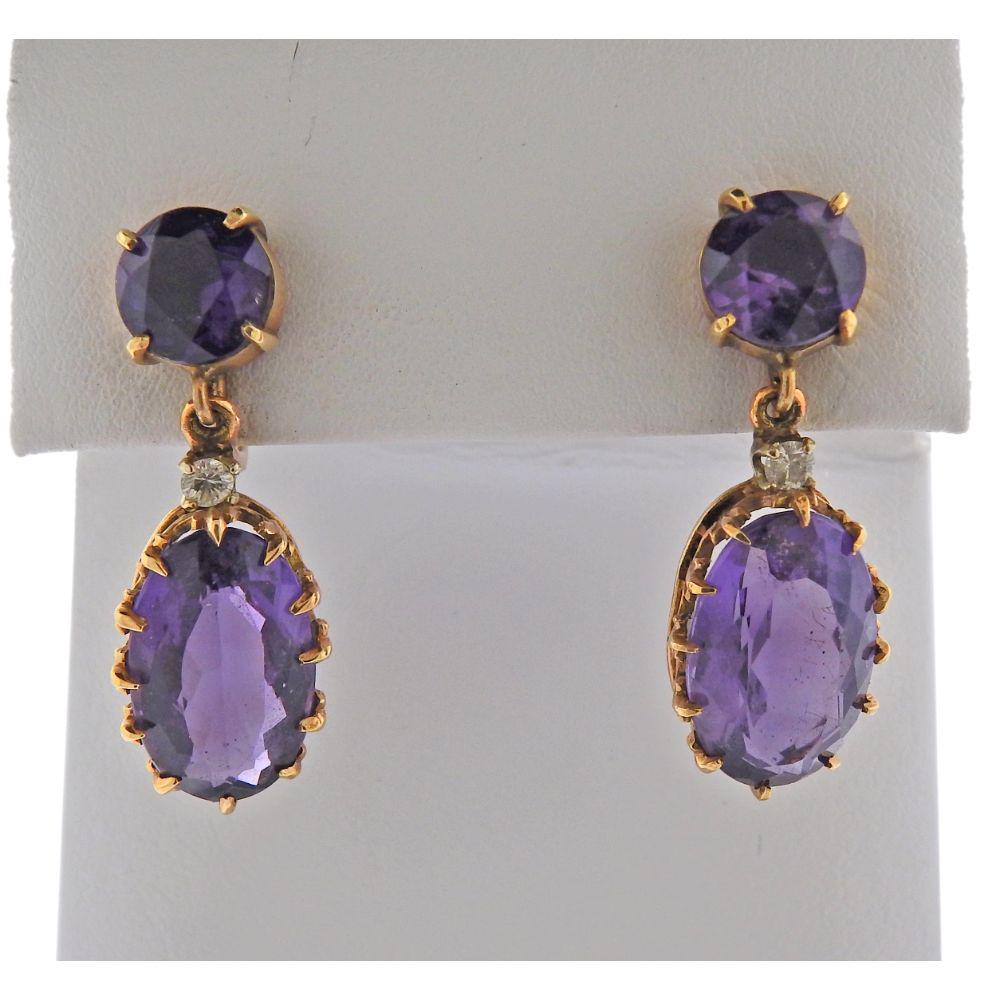 14K Gold Diamond Amethyst Drop Earrings (1 of 3)