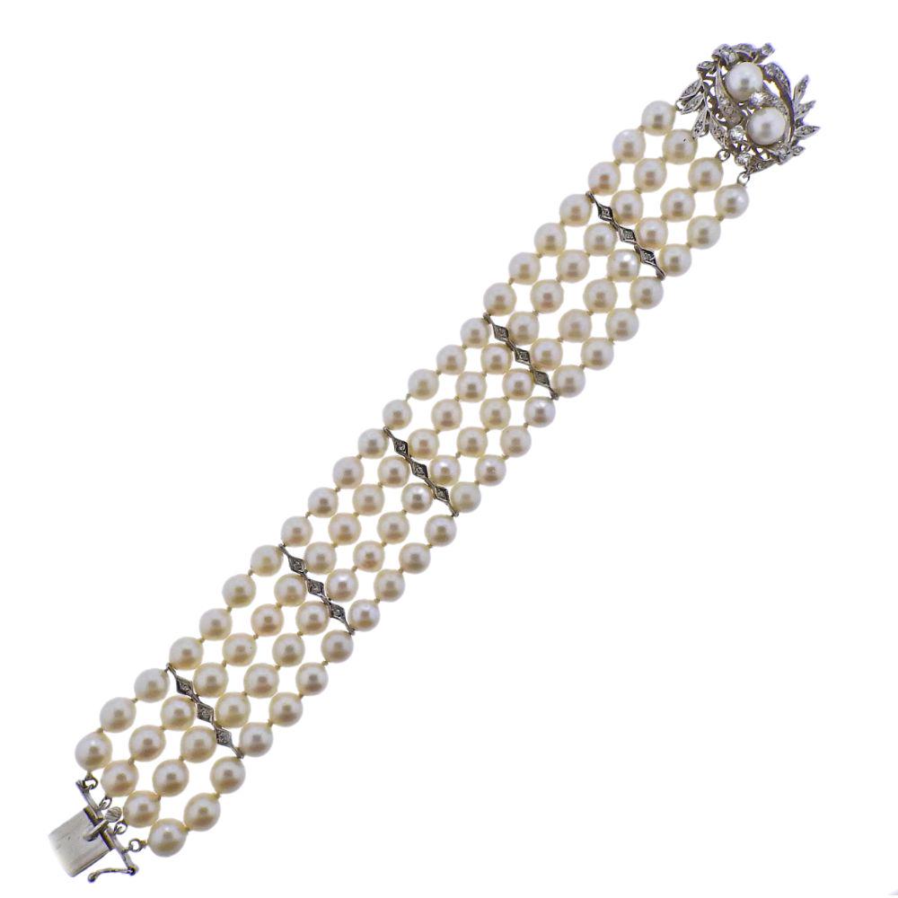 14K Gold Diamond Pearl Multi Strand Bracelet (1 of 4)