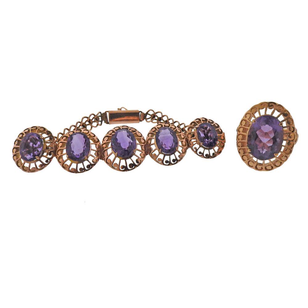 Antique 18k 14k Gold Purple Stone Ring Bracelet Set (1 of 9)