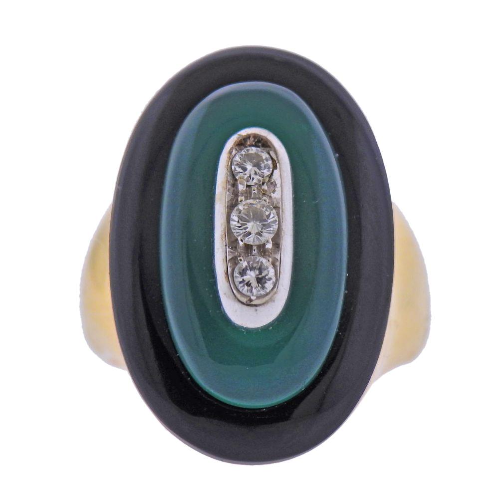 1970s Chrysoprase Onyx Diamond 14k Gold Ring (1 of 5)