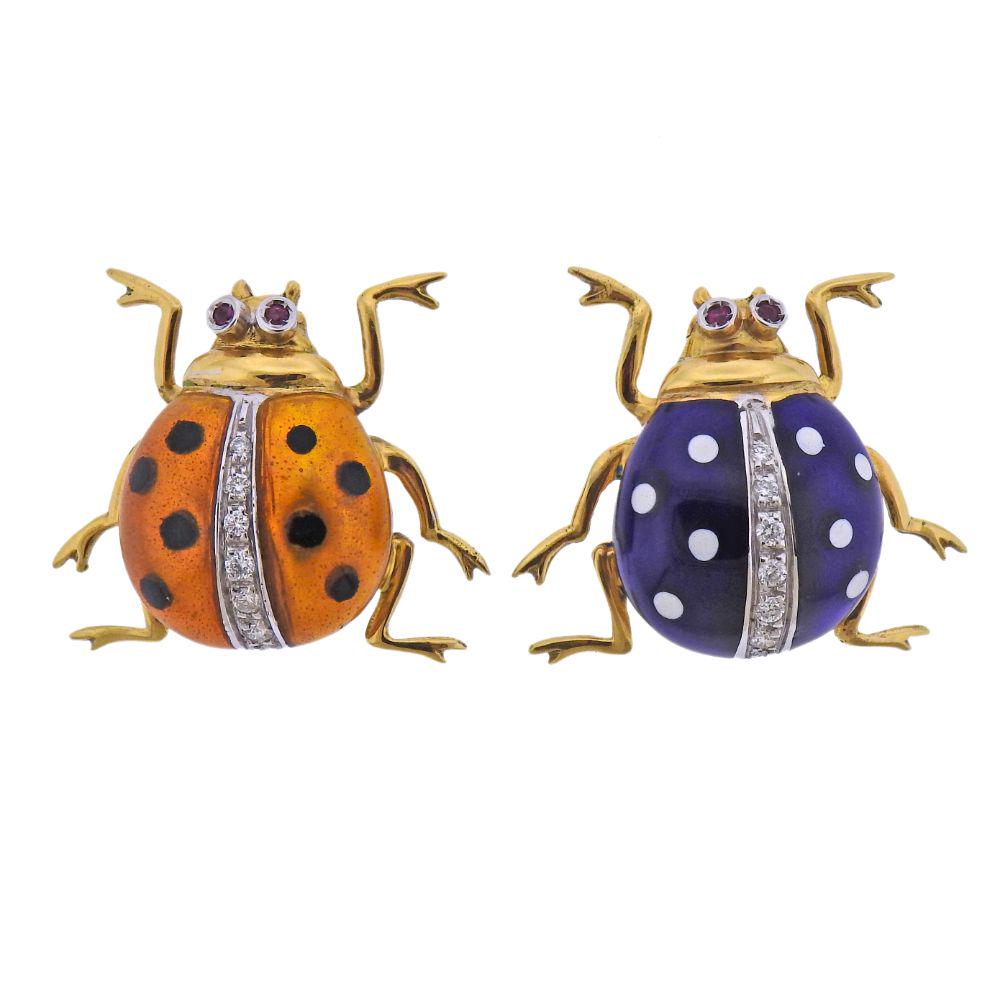 18k Gold Italian Diamond Ruby Enamel Ladybug Brooch Set (1 of 4)