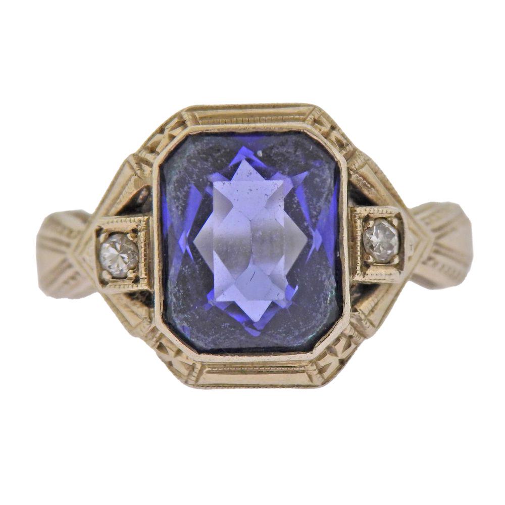 Art Deco 14k Gold Synthetic Sapphire Diamond Ring (1 of 4)