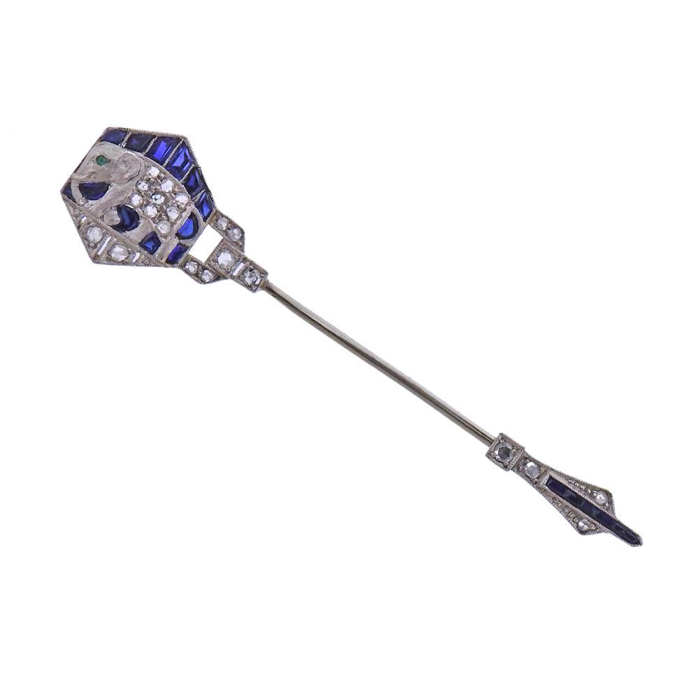 Cartier Art Deco 14k Gold Diamond Sapphire Elephant: Art Deco Cartier 14k gold jabot pin, decorated with sapphires and diamonds. Pin measures 55mm x 12mm. Marked: Cartier. Weight - 2.6 grams.