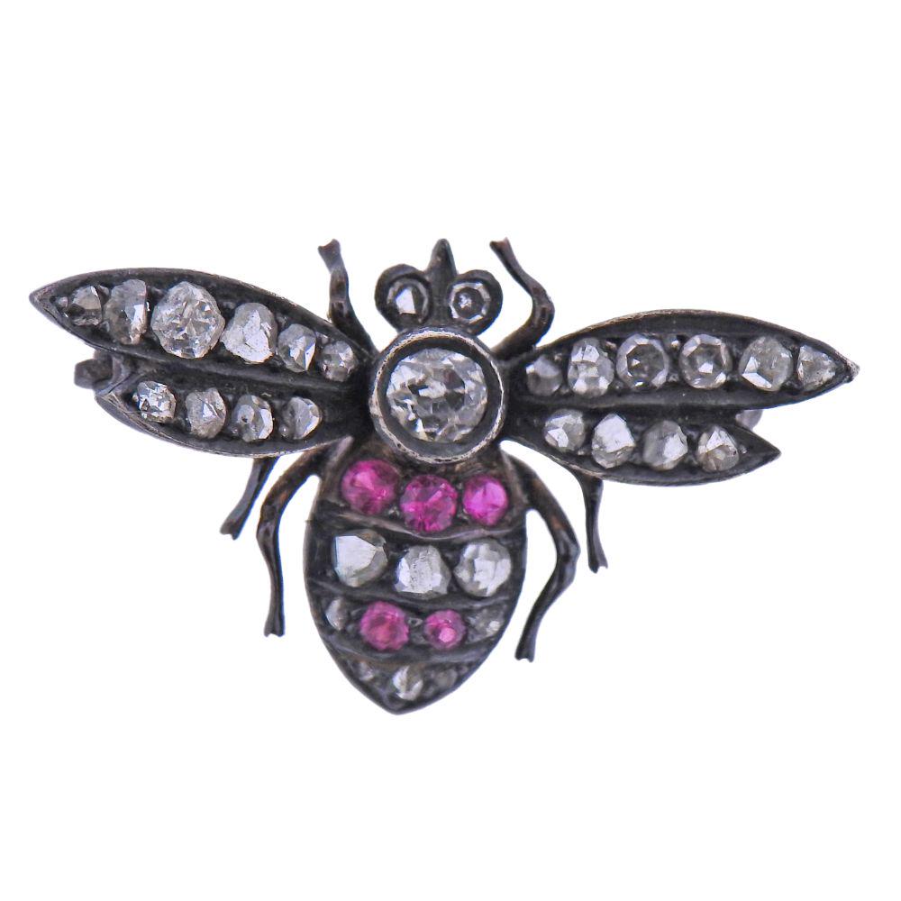Antique Silver Gold Diamond Ruby Insect Bee Brooch Pin (1 of 3)
