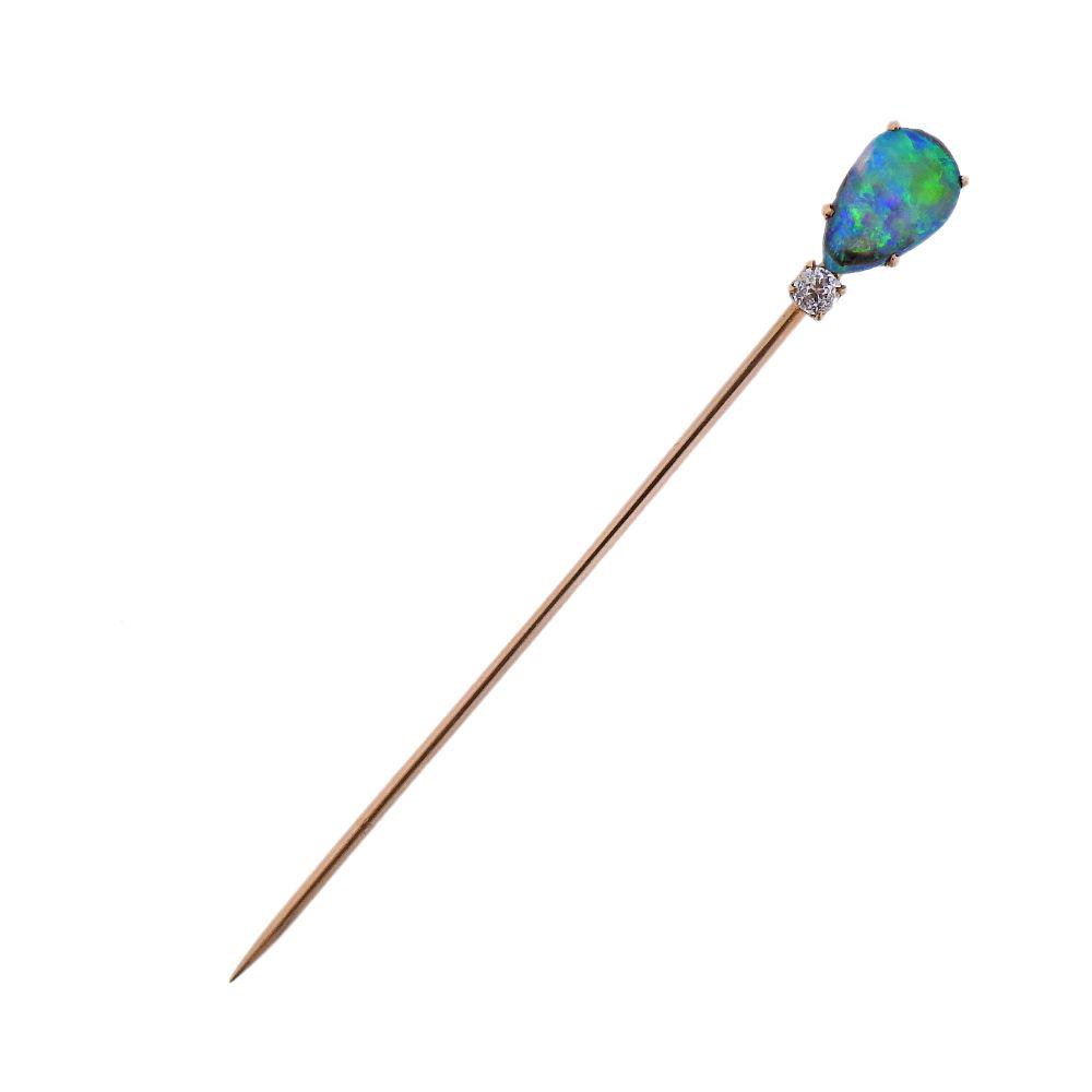 Antique 14k Gold Black Opal Diamond Stick Pin (1 of 3)