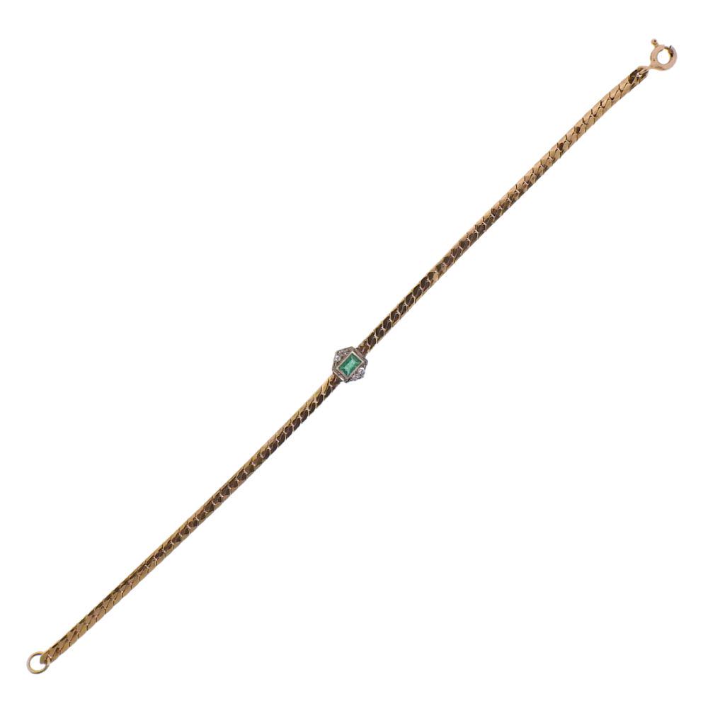 14k Gold Diamond Emerald Bracelet: 14k gold bracelet, with center emerald and diamonds. Bracelet is 6.75" long, center section is 6.6 x 8mm. Marked 14k. Weight - 4.4 grams.