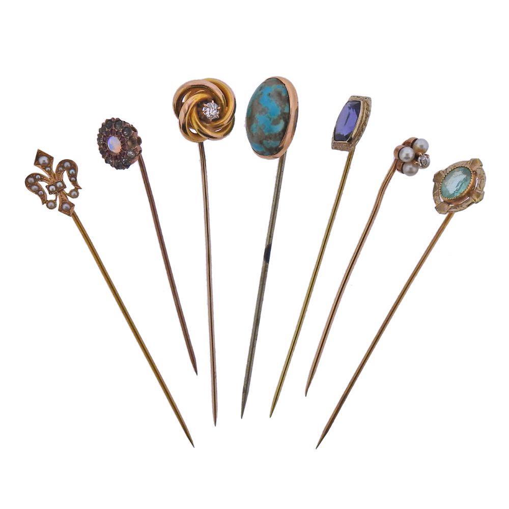 Antique Gold Gemstone Diamond Stick Pin Lot of 7 (1 of 4)