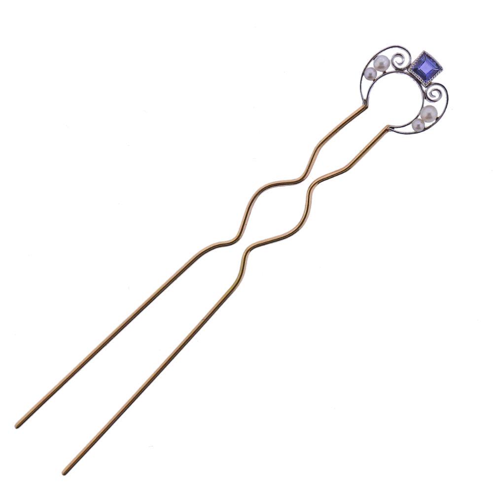 Antique 14k Gold Platinum Sapphire Pearl Hair Pin (1 of 3)