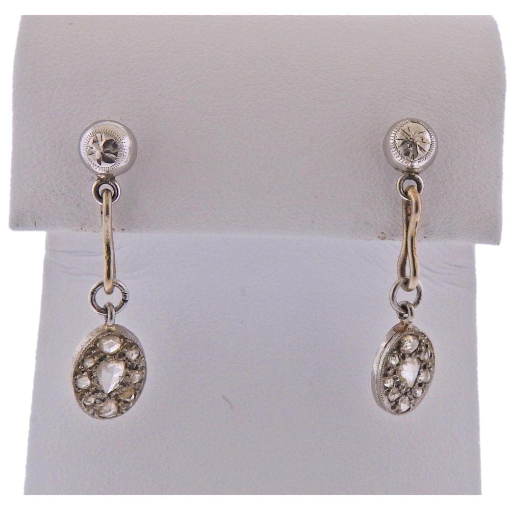 Antique Art Deco 14k Gold Diamond Drop Earrings: Art Deco antique 14k gold drop earrings, with rose cut diamonds. Earrings are 30mm long. Weight - 2.7 grams.